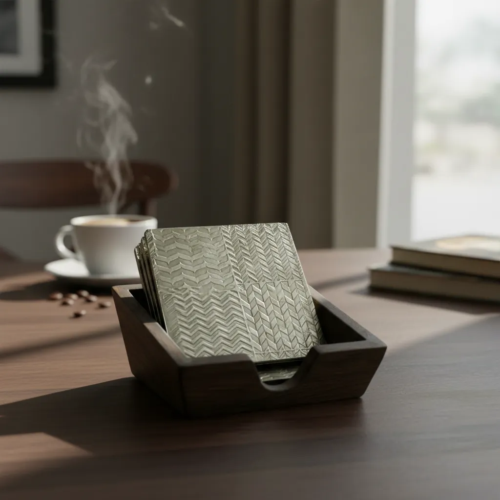 P14 Handcrafted Mango Wood & Metal Coaster Set with Solid Wood Holder (Set of 4)