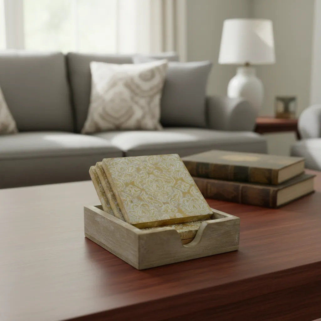 P15 Artisanal Square Wood & Brass Coasters with Storage Box