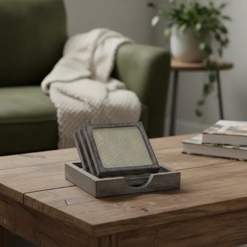 P17 Artisanal Square Wood & Brass Coasters with and Storage Box