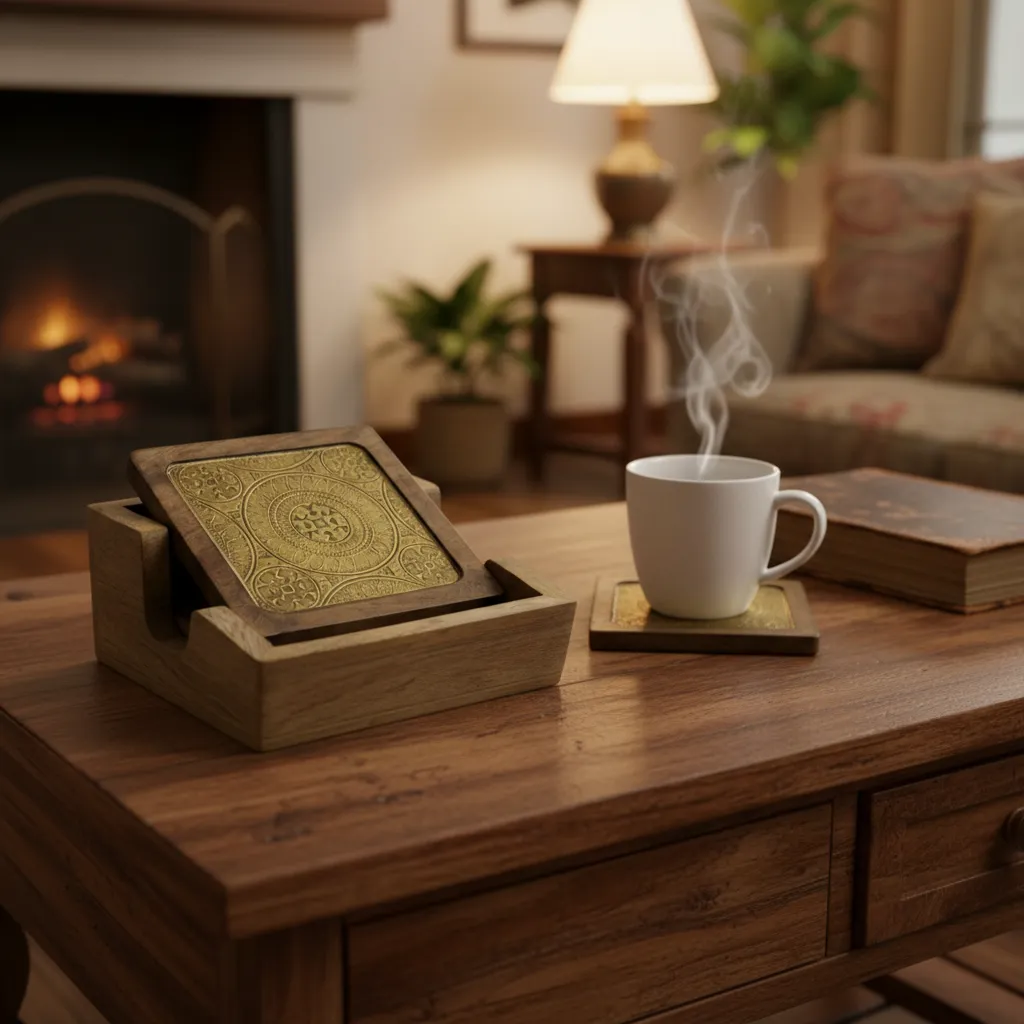 P19 Handcrafted Mango Wood & Metal Coaster Set with Solid Wood Holder (Set of 4)