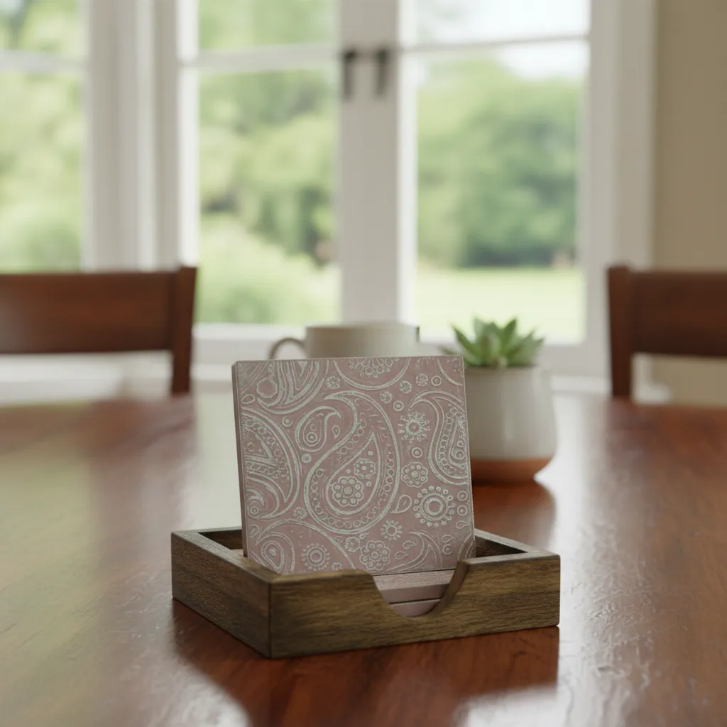 Artisanal Square Wood & Brass Coasters Storage Box