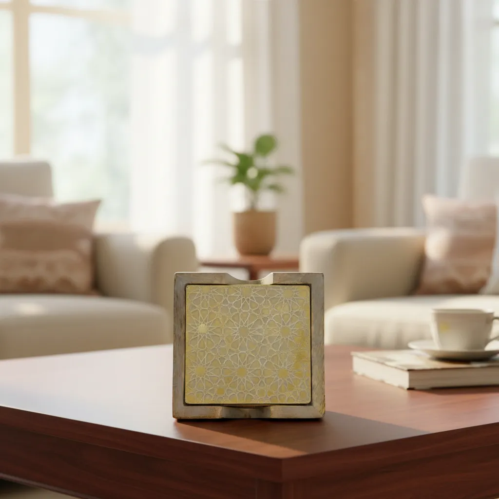 Artisanal Square Wood & Brass Coasters with Storage Box