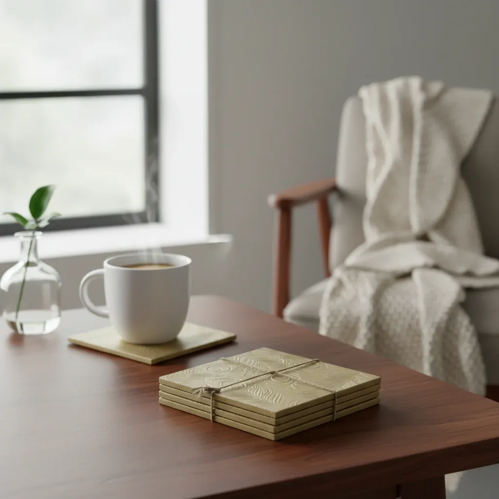 Handcrafted Mango Wood & Brass Coaster Set with Square Storage Holder
