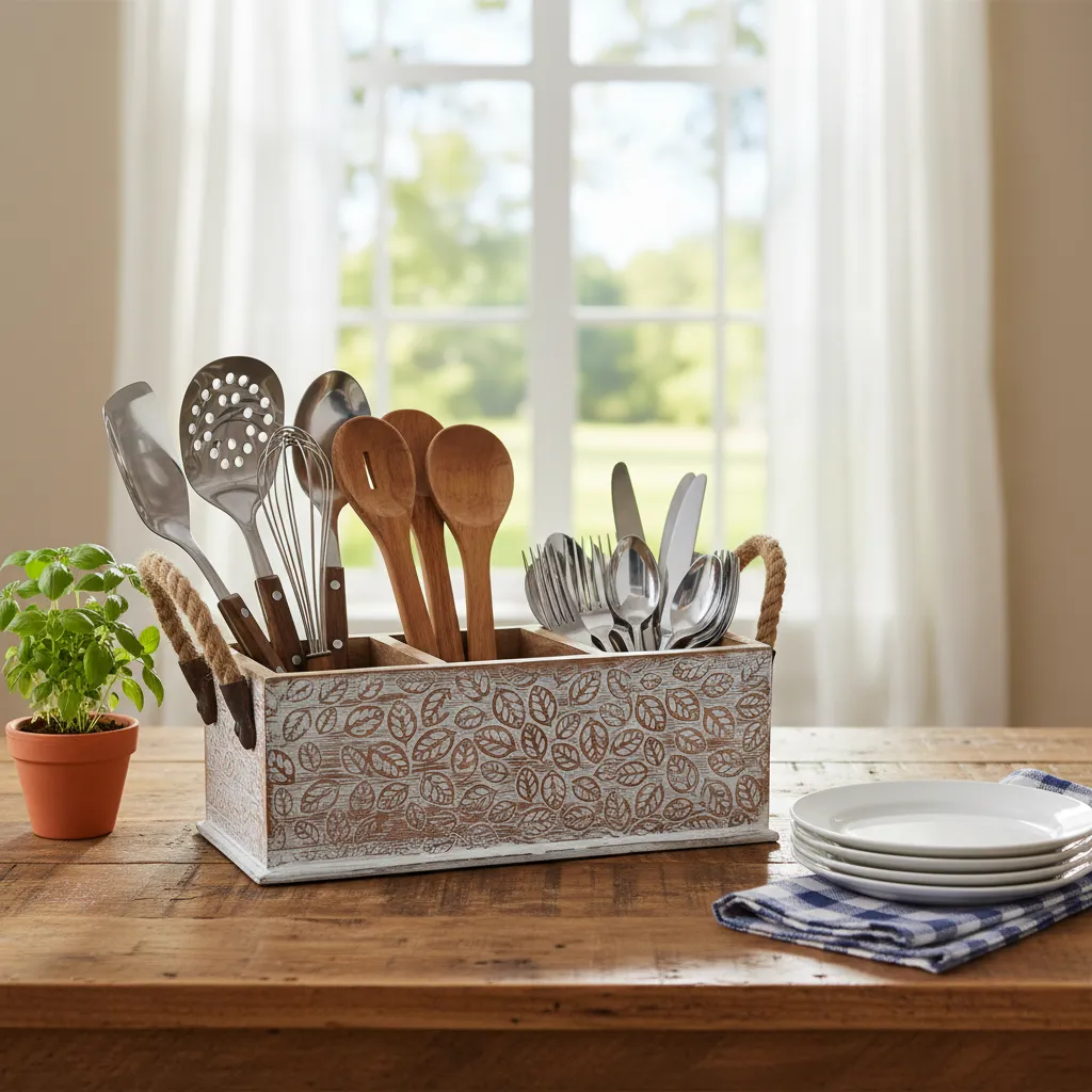 P1 Farmhouse Triple-Compartment Wooden Caddy with Natural Rope Handles