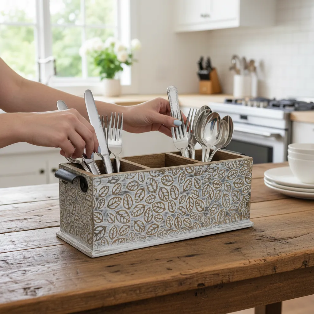 Distressed White Decorative Utensil Organizer & Tabletop Storage Box