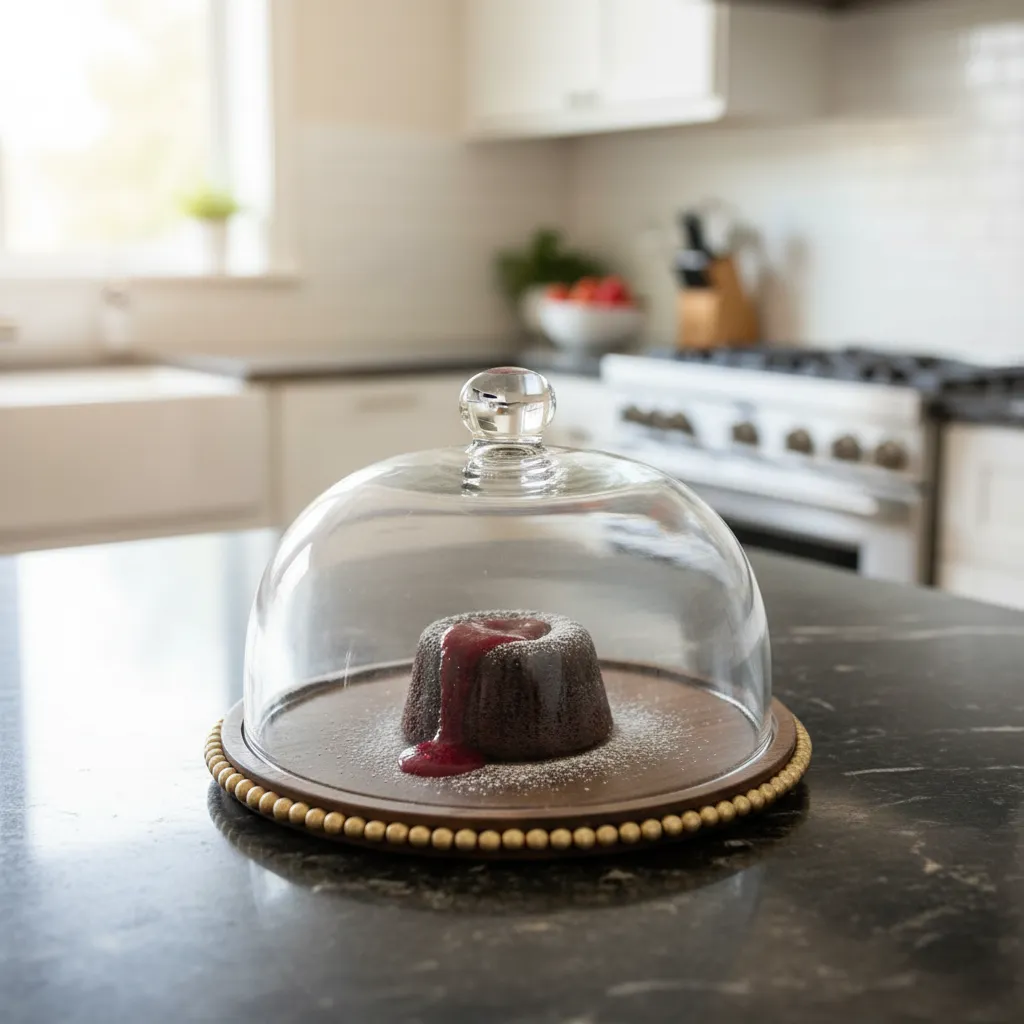 P1 Elegant Glass Cake Stand with Wood Base – 11" Round Dessert Display with Gold Beaded Rim & Knob Cloche
