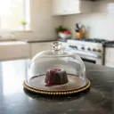 Elegant Glass Cake Stand with Wood Base – 11" Round Dessert Display with Gold Beaded Rim & Knob Cloche