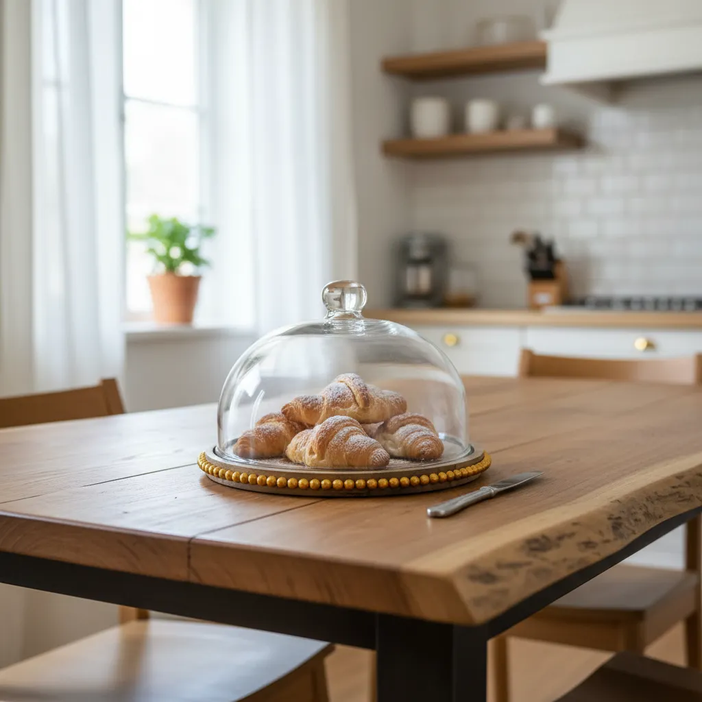 Premium Acacia Wood Cake Platter with Clear Glass Dome – Sophisticated Gold Bead Trim & Easy-Lift Handle