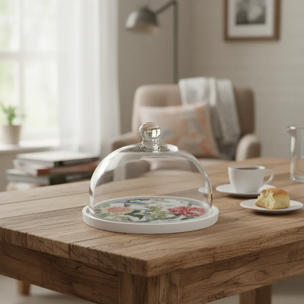 P3 Compact 10-Inch Acacia Wood Dessert Pedestal – Clear Glass Cloche