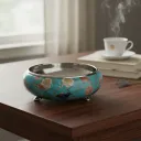 P1 Elegant Floral Enamel & Stainless Steel Footed Serving Bowl - Turquoise Bird Design