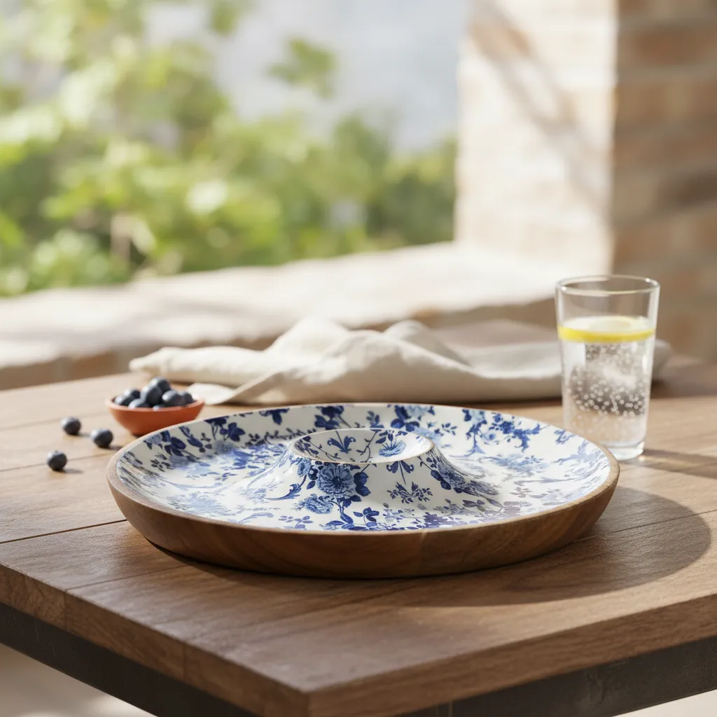 Blue & White Floral and Dip Serving Platter with Durable Wood Base