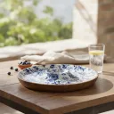 Blue & White Floral and Dip Serving Platter with Durable Wood Base