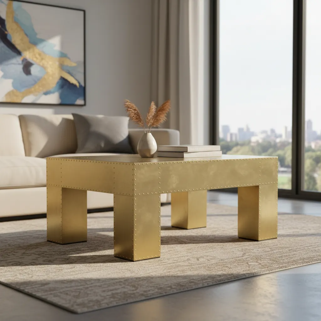 Industrial Chic Metal Coffee Table – Contemporary Gold Textured Table with Riveted Panels