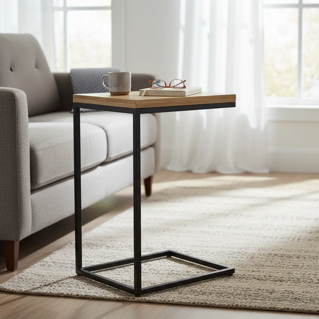 Industrial C-Shaped Side Table Wood Top and Black Metal Frame