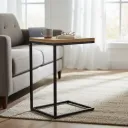 P2 Industrial C-Shaped Side Table Wood Top and Black Metal Frame