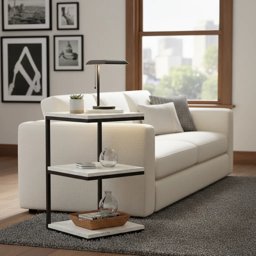 Handcrafted Square 3-Shelf C-Shaped End Table – White Bone Inlay