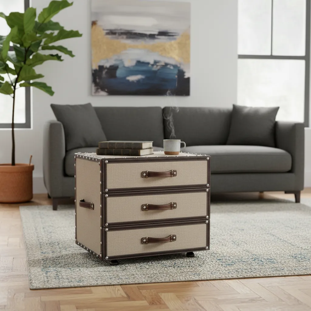 Antique-Style 3-Drawer Storage Unit with Nail head Trim and Leather Handles