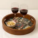 P32 Artisan 16-Inch Round Wooden Serving Tray with Bohemian Ikat Decal Design