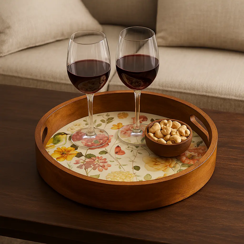 P10 Delicate Round Wooden Serving Tray with Pastel Floral & Bird Decal - Enamel Coated