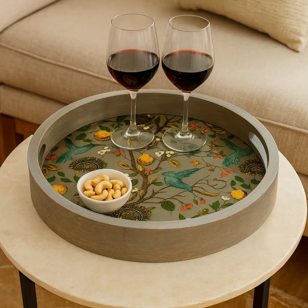 P15 Elegant Round Wooden Serving Tray with Decorative Botanical & Bird Decal - Enamel Coated