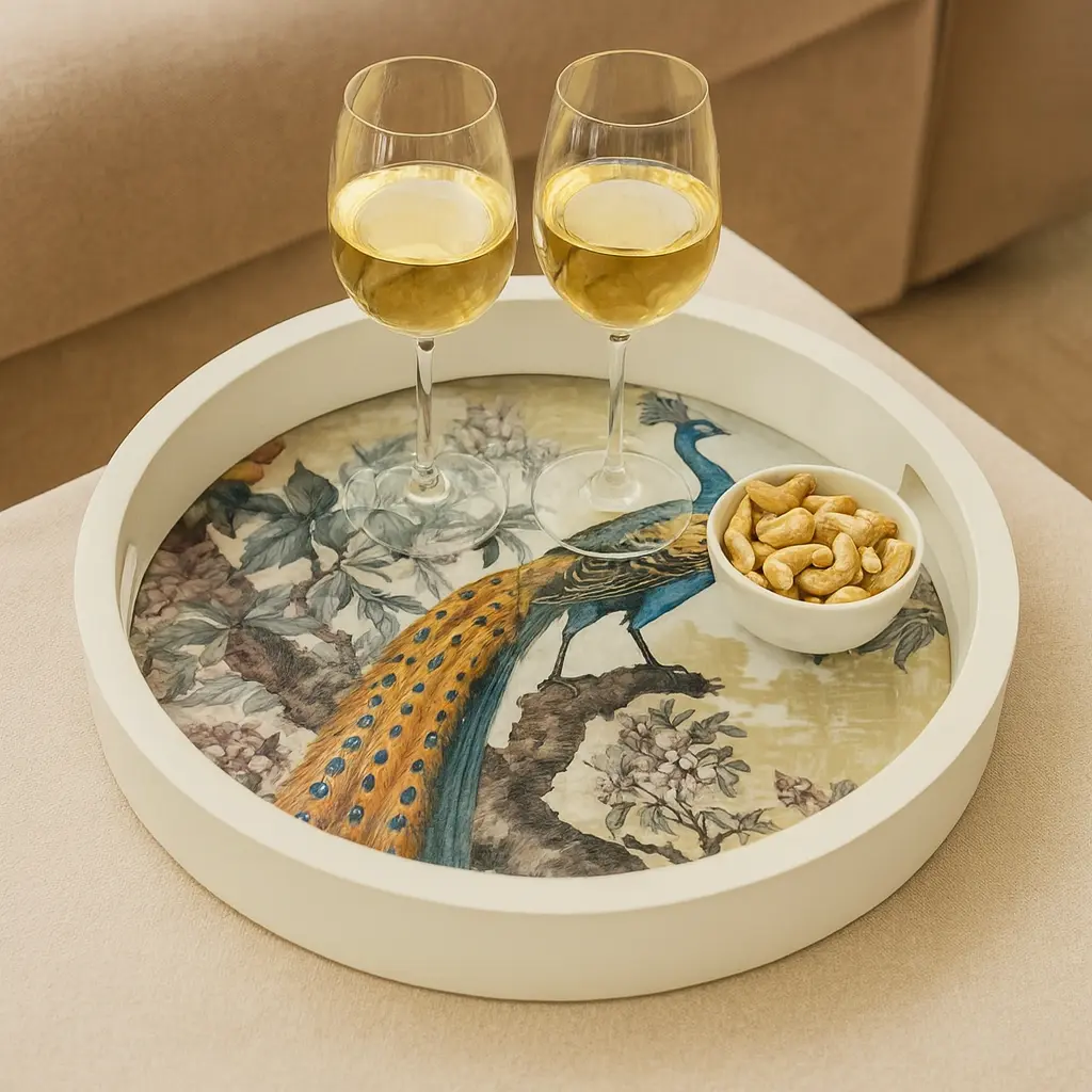 P19 Majestic Peacock Round Wooden Serving Tray with Botanical Decal, Enamel Coated