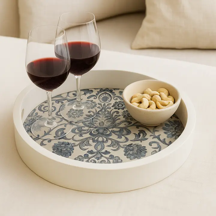 P24 Distressed Blue & White Damask Pattern Wooden Serving Tray - Round Decorative Tray