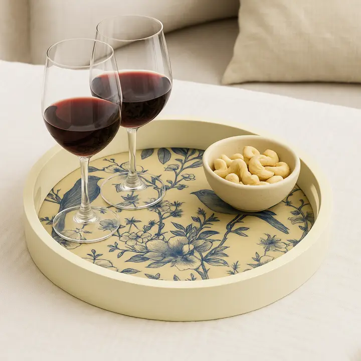 P26 Blue Bird & Blossom Chinoiserie Wooden Serving Tray - Round Decorative Tray