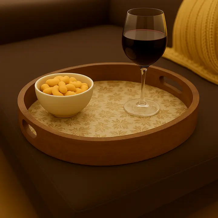 P54 Round Wooden Serving Tray with Autumnal Leaf Pattern
