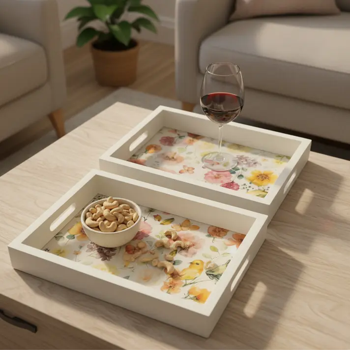P61 Charming White Wooden Serving Tray with Watercolor Floral & Bird Motif