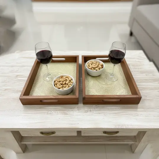 P66 Artisan Wooden Serving Tray with Intricate Mandala Pattern Inlay