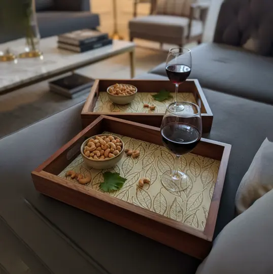 P68 Handcrafted Wooden Serving Tray with Nature-Inspired Leaf Pattern Inlay