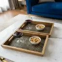 P73 Artisan Rectangular Wooden Serving Tray with Intricate Mandala Pattern