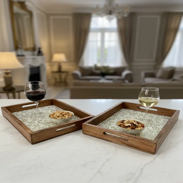 P76 Elegant Rectangular Wooden Serving Tray with Embossed Leaf Pattern