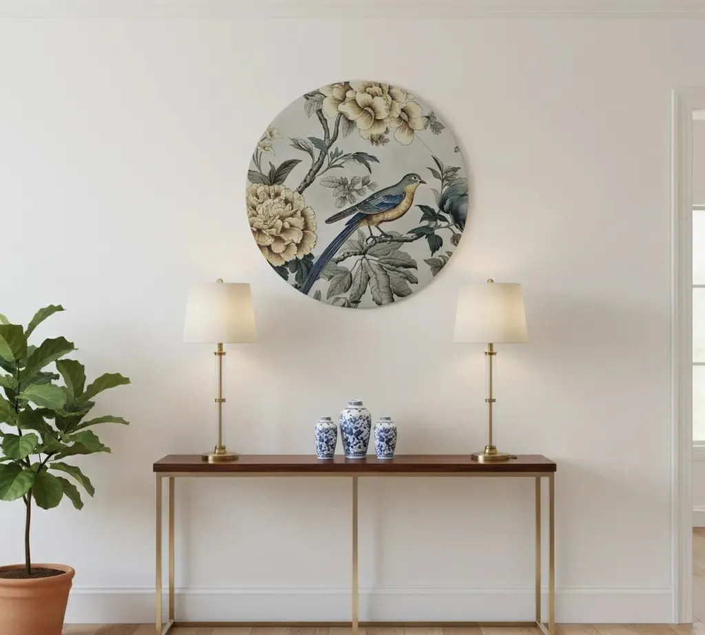 Handcrafted Enamel Floral Bird Medallion - Premium Wooden Wall Decor (10inch)