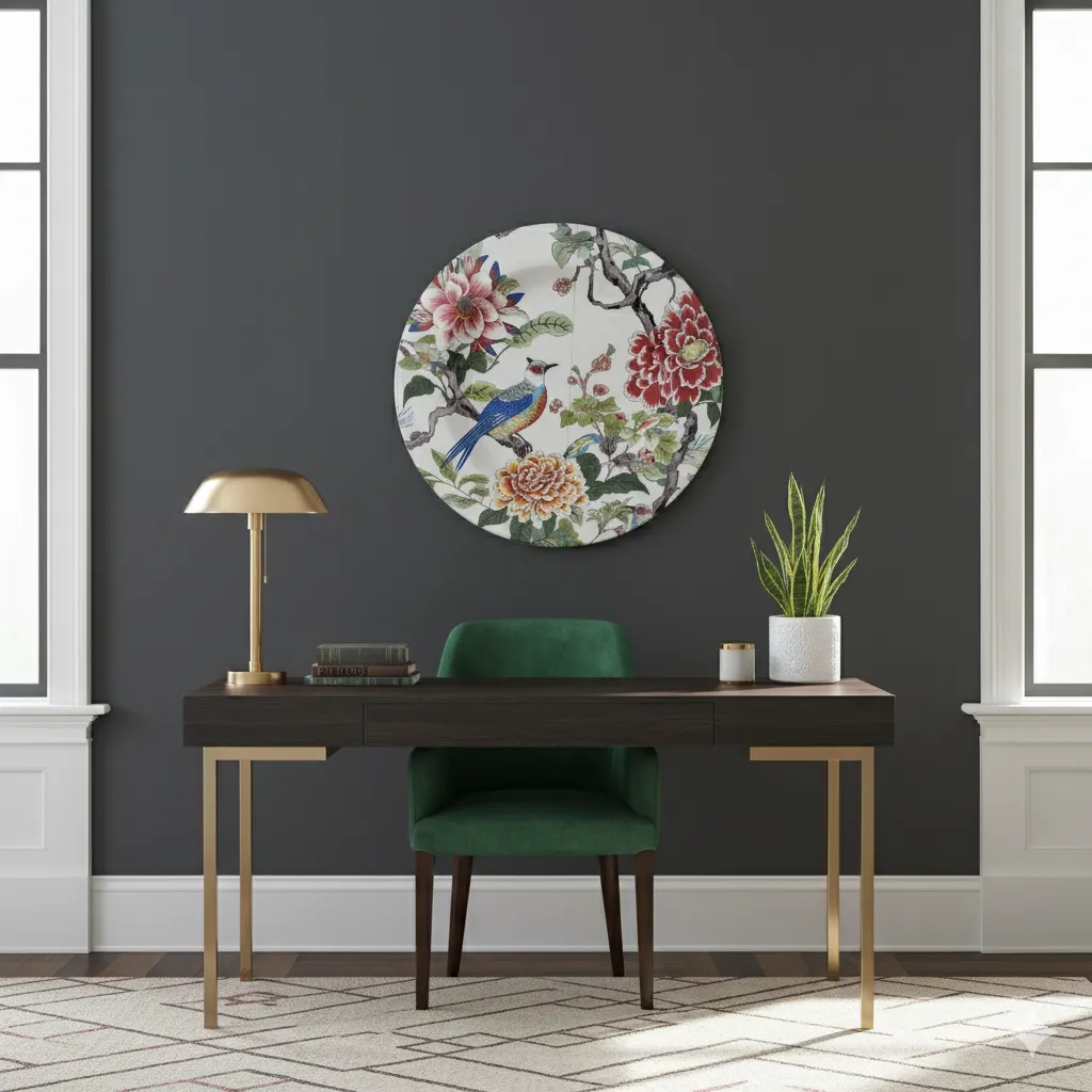 Lustrous Enamel Botanical Songbird Medallion - Vibrant Wooden Wall Decor (10inch)