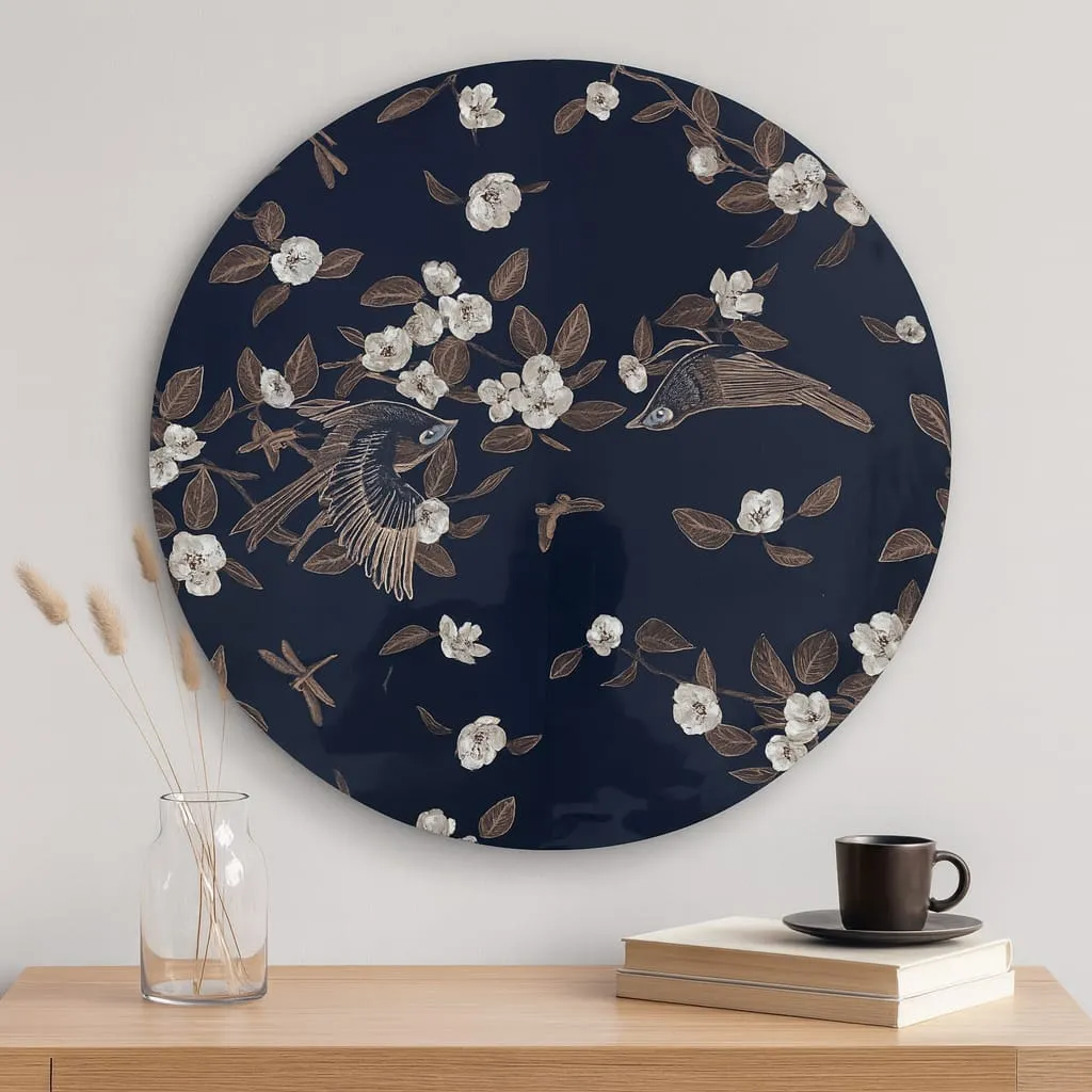 P15 Lustrous Enamel & Premium Wood Chinoiserie Bird Medallion Wall Art (10inch)