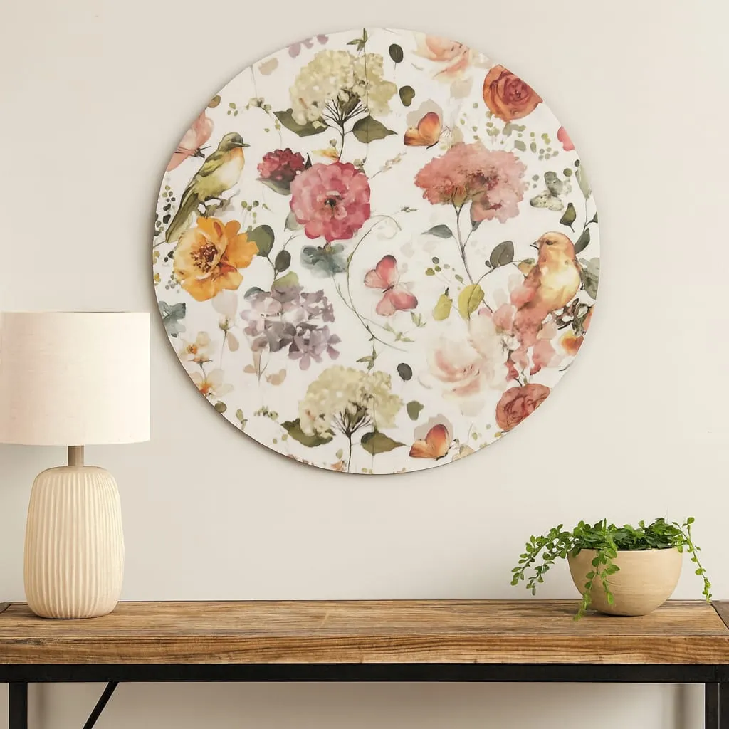 Handcrafted Circular Botanical Wall Art with Vibrant Decal Insert and Enamel Finish