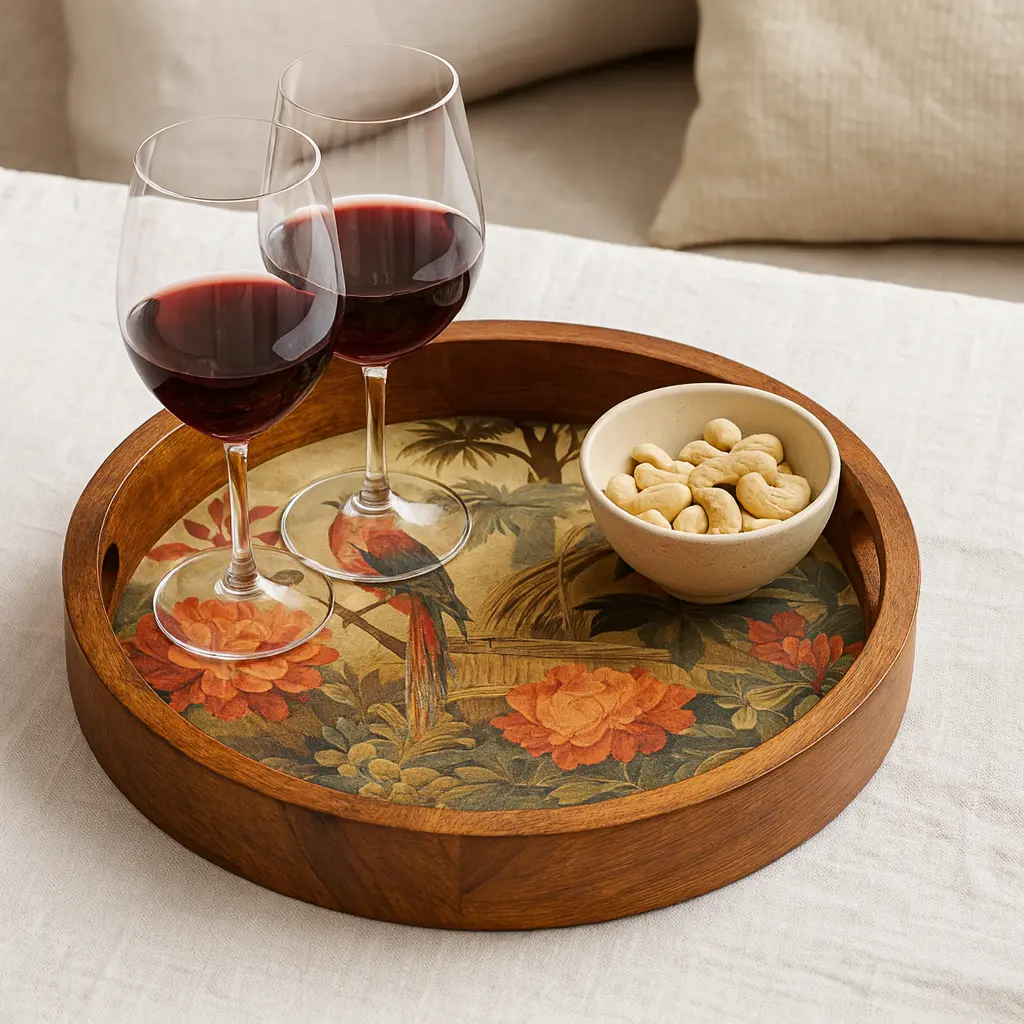 Elegant Handcrafted Wooden Serving Tray with Exquisit"e Bird & Floral Decal