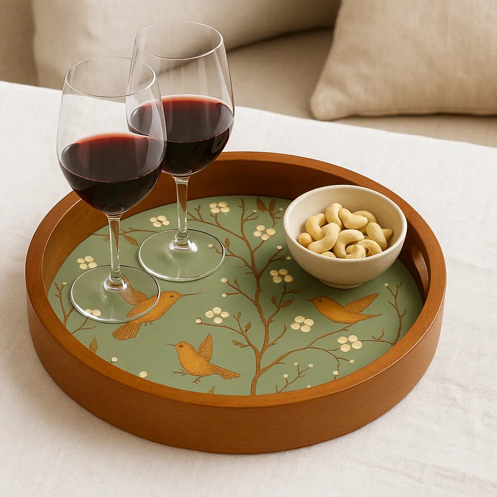 Charming Round Wooden Serving Tray with Hummingbird & Blossom Decal - Sage Green (10inch)