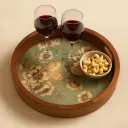 P3 Vintage-Inspired Wooden Serving Tray with Songbird & Peony Decal - Teal Hues