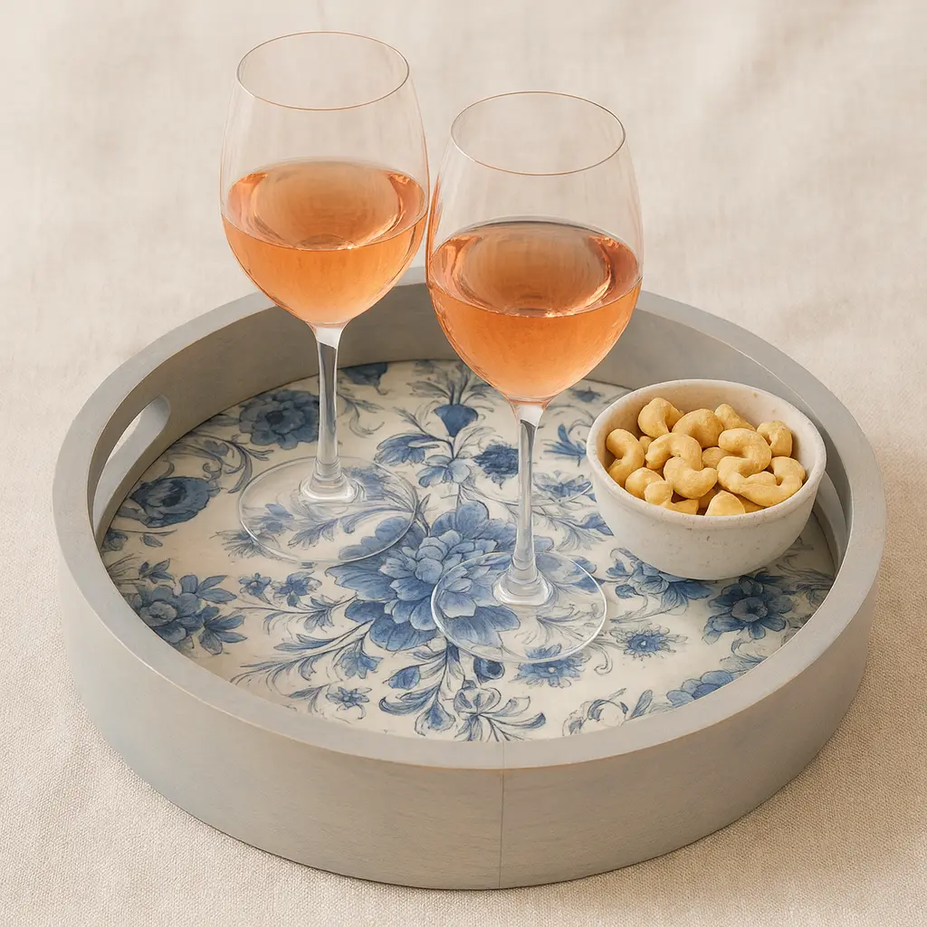 P4 Chic Round Wooden Serving Tray with Blue & White Chinoiserie Floral Decal (10inch)