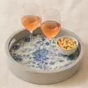 Chic Round Wooden Serving Tray with Blue & White Chinoiserie Floral Decal