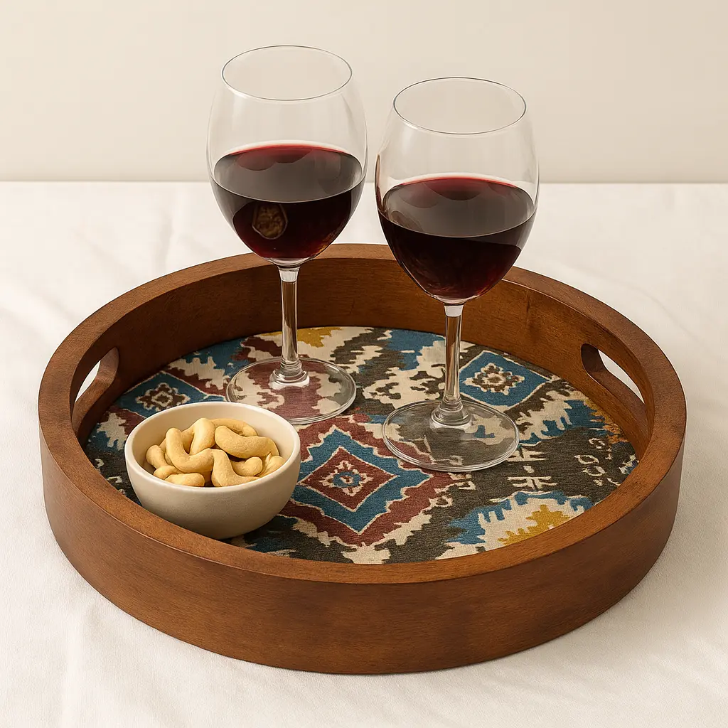 Artisan 16-Inch Round Wooden Serving Tray with Bohemian Ikat Decal Design (10inch)