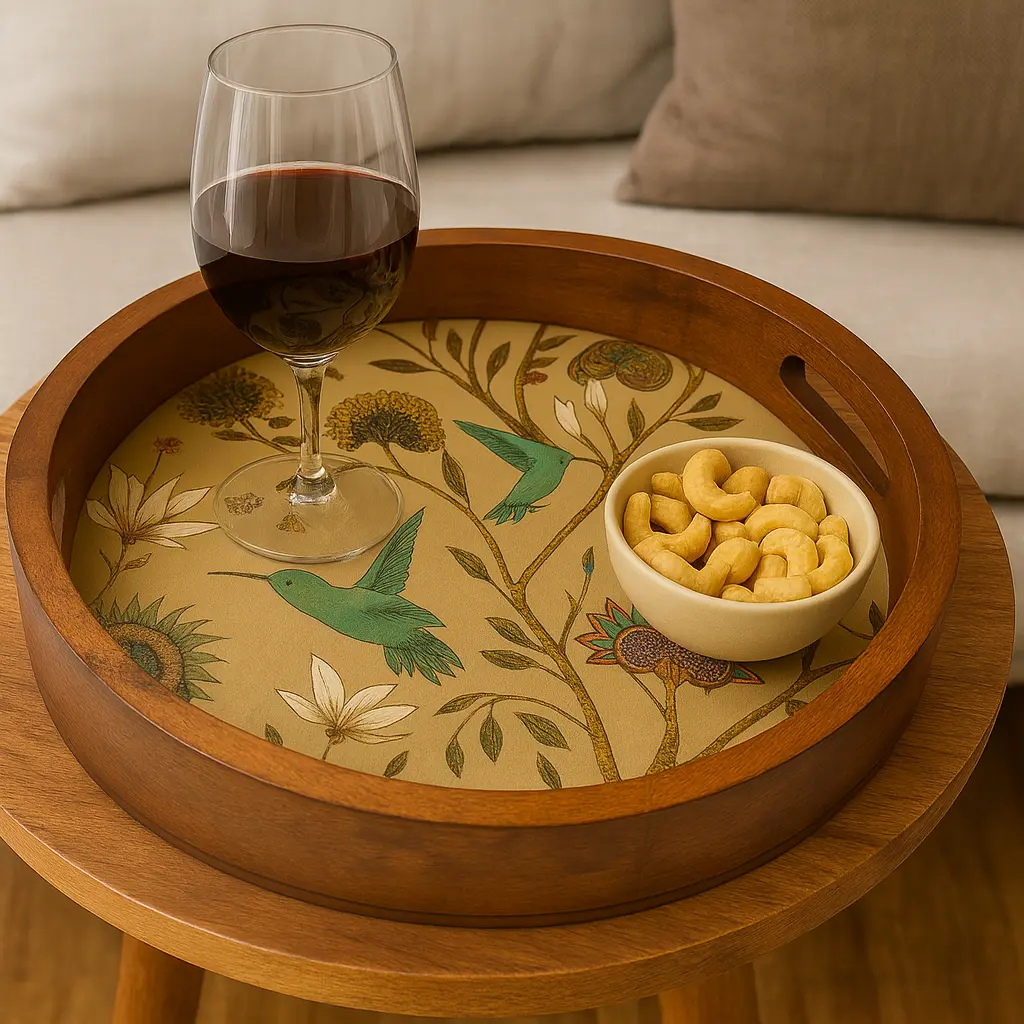 Elegant Round Wooden Serving Tray with Hummingbird & Floral Decal (10inch)