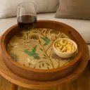 Elegant Round Wooden Serving Tray with Hummingbird & Floral Decal