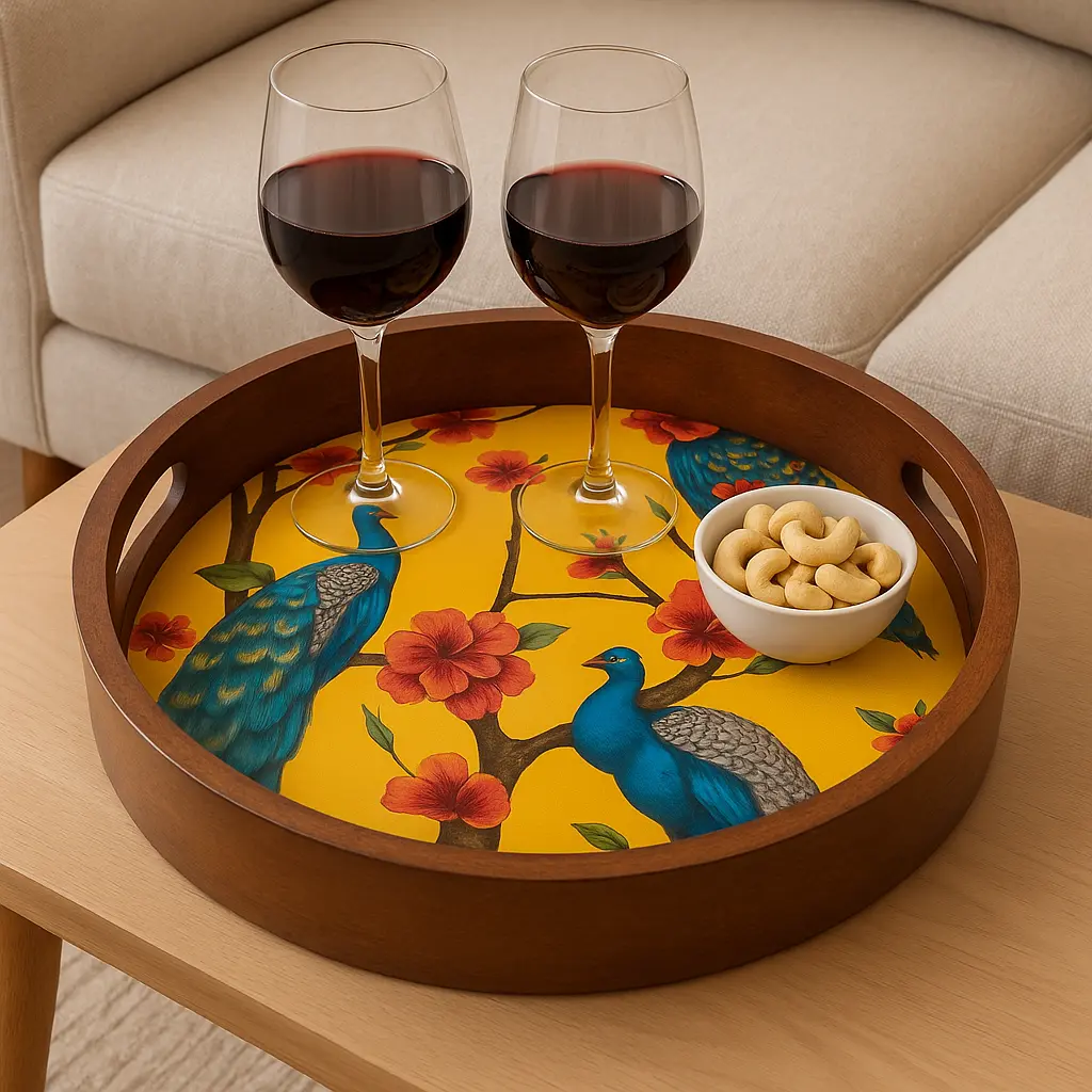 P7 Exquisite Round Wooden Serving Tray with Vibrant Peacock & Blossom Decal - Enamel Coated (10inch)