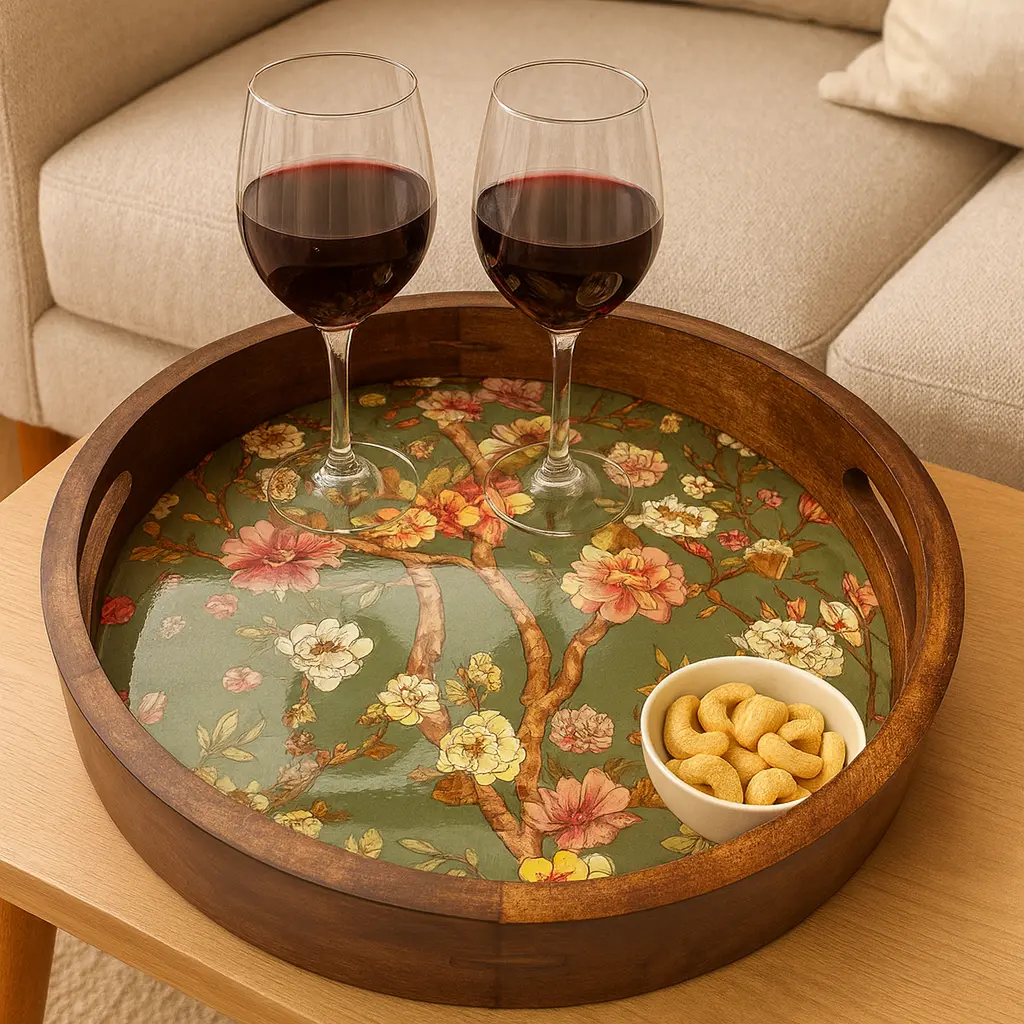 P8 Chic Round Wooden Serving Tray with Vintage Floral Decal - Durable Enamel Coated Accent (10inch)