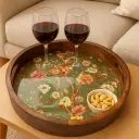 P8 Chic Round Wooden Serving Tray with Vintage Floral Decal - Durable Enamel Coated Accent