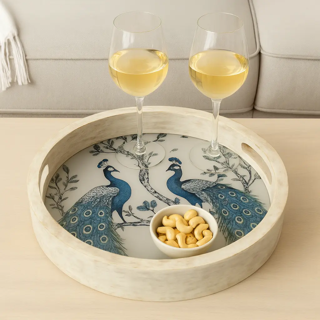 Rustic Chic Round Wooden Serving Tray with Elegant Blue Peacock & Tree Decal - Enamel Coated (10inch)