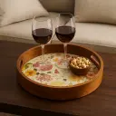 Delicate Round Wooden Serving Tray with Pastel Floral & Bird Decal - Enamel Coated